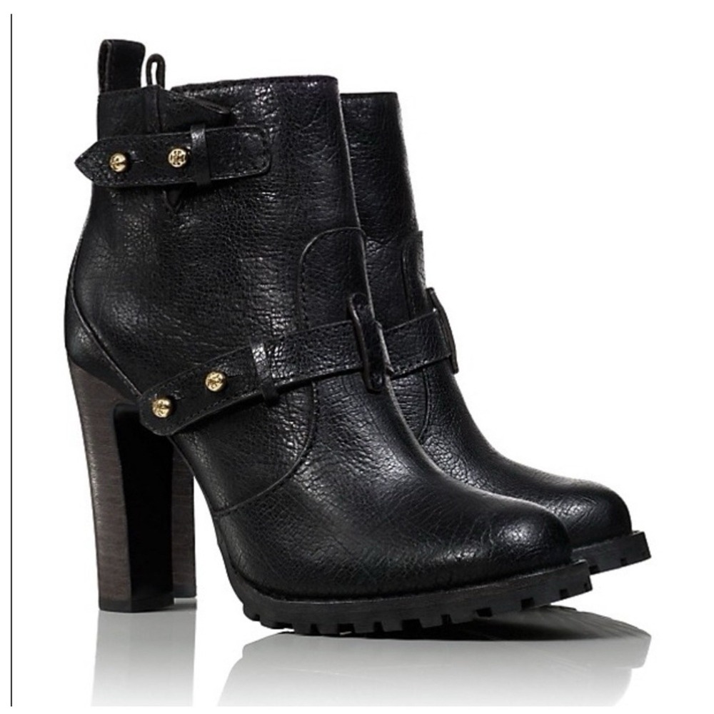Tory Burch Landers Black Leather Studded Ankle Boots Chunky Block Heel 10 M
